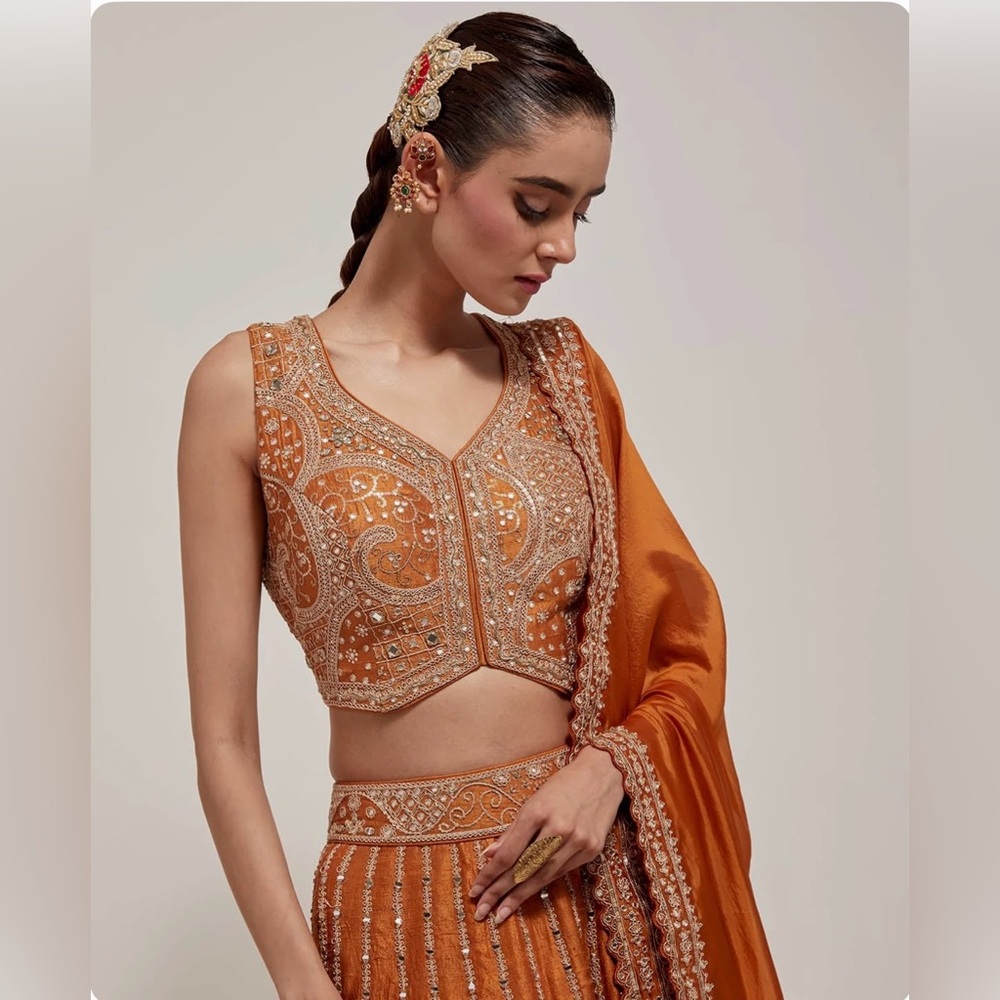 Elegant Orange Embroidered Lehenga Choli with Dupatta - Picture 2 of 5